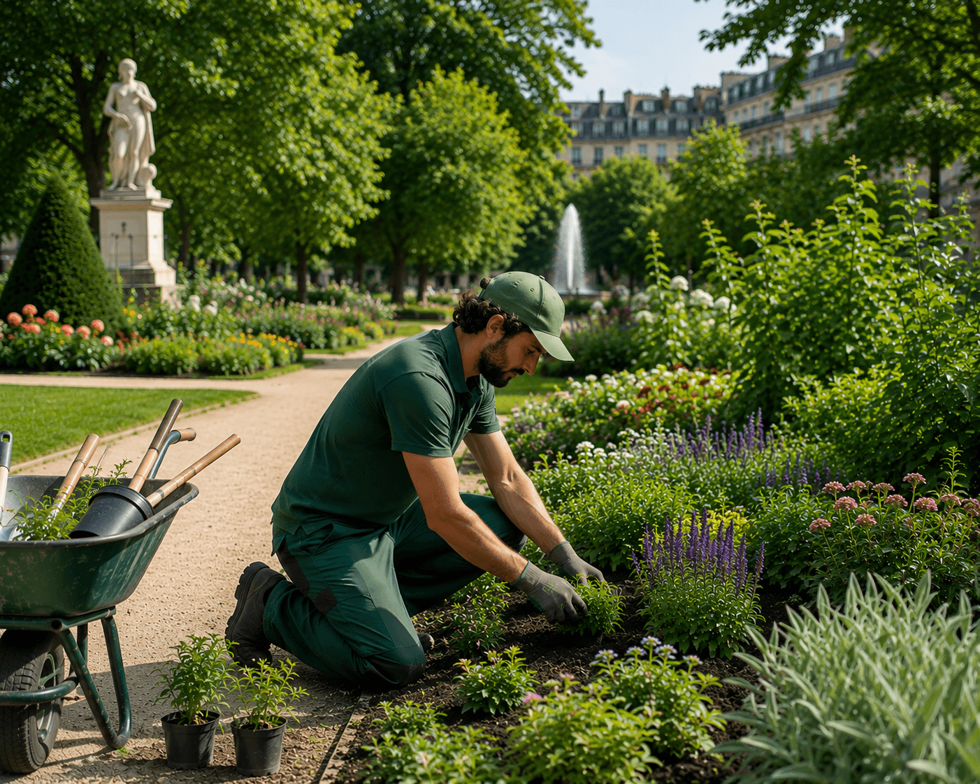 Paysagiste au travail dans un jardin ensoleillé