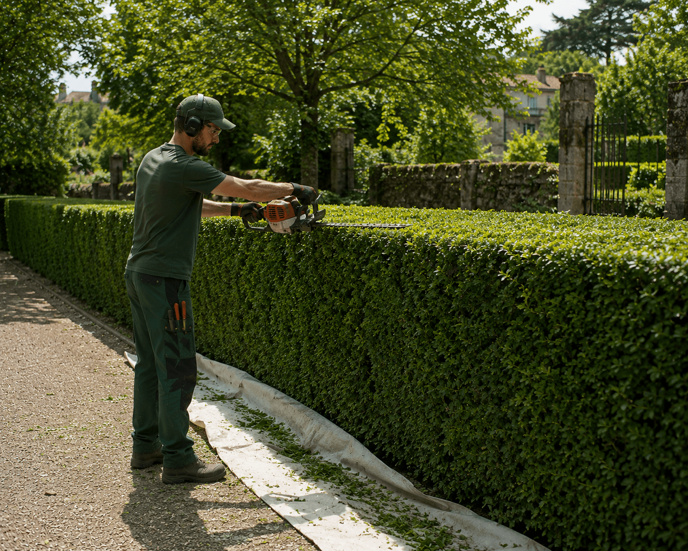 Taille de haie dans un jardin bien entretenu